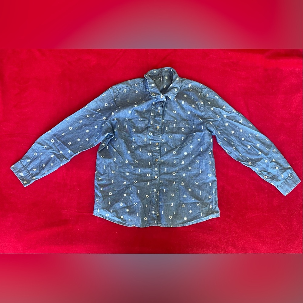 Weekend Women's Long Sleeve Collared Button Down Sea Graphic Blue Sz: EG